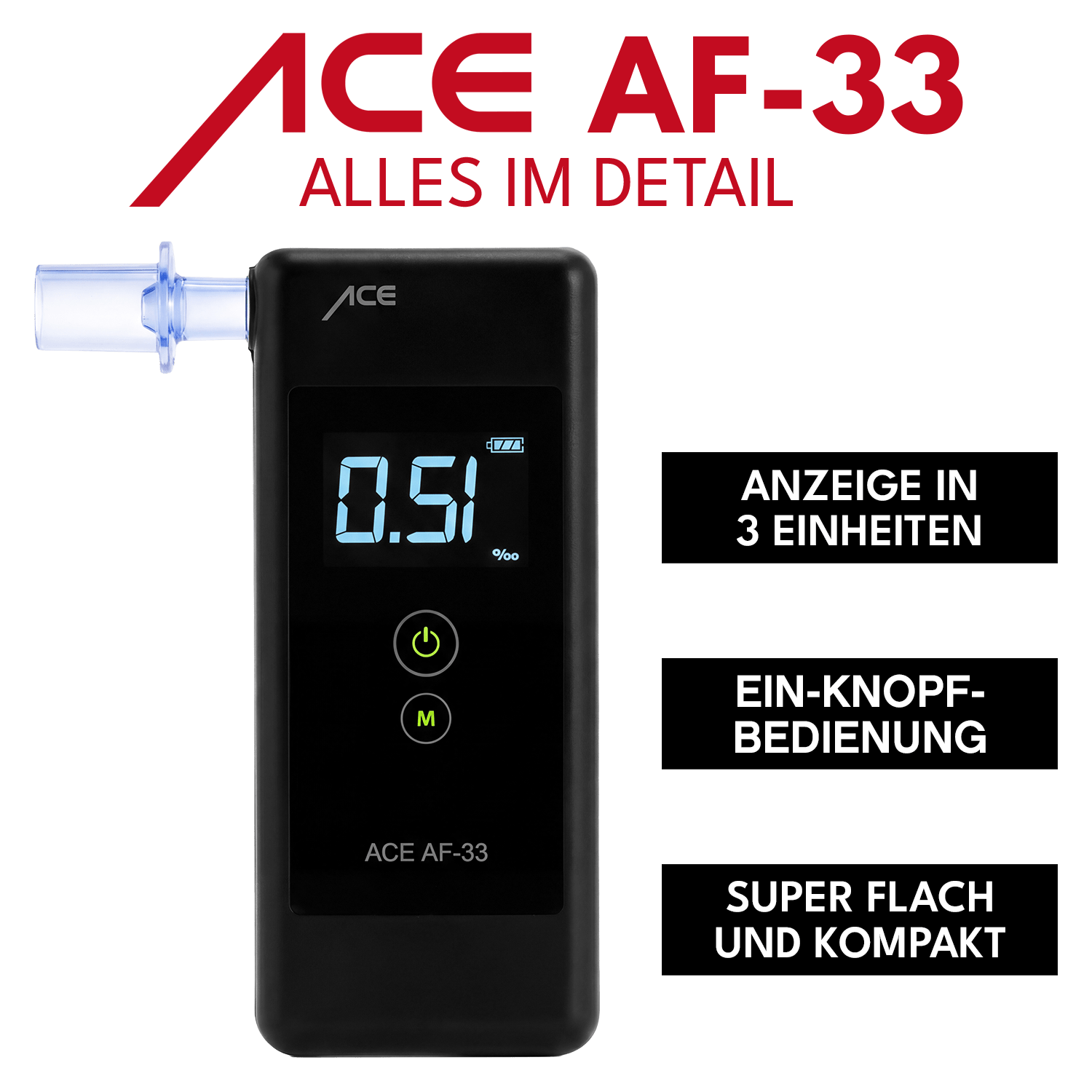 ACE AF-33 Alkotester mit 95,8% Richtigkeit laut TU Wien (2026) + 25 Mundstücke & Kalibriergutschein