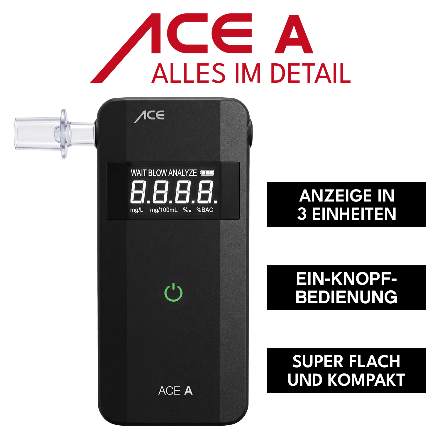 ACE A Alkoholtester + 25 Mundstücke & Kalibrier-Gutschein
