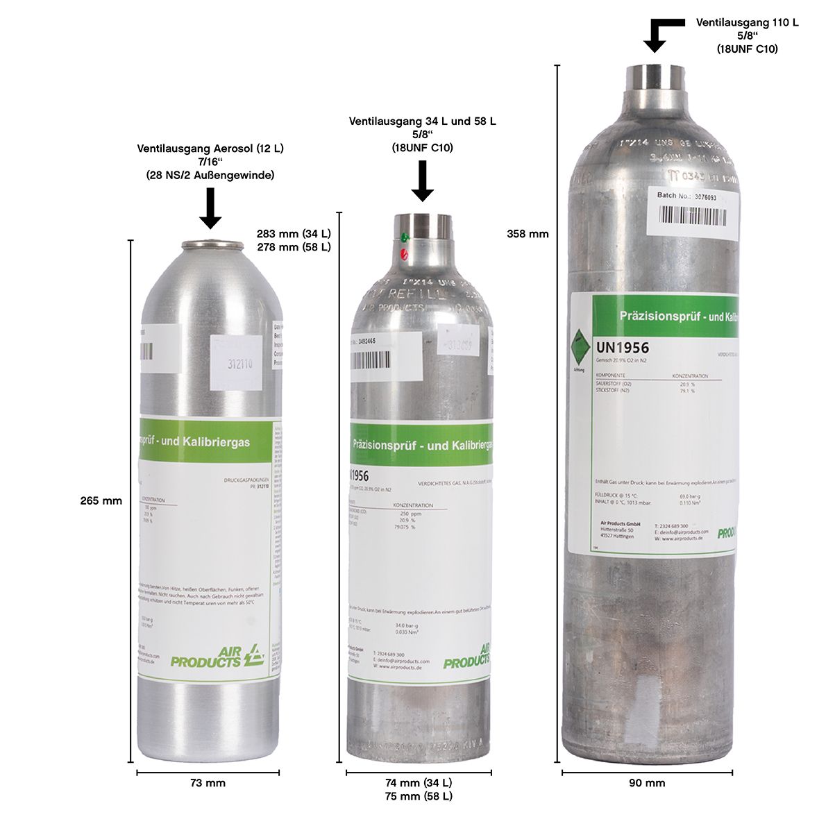 Air Products Prüf- und Kalibriergasflaschen - Kältemittel-Gas-Gemische - Aerosol (12 L), 34 L, 58 L oder 110 L Druckdosen mit langer Haltbarkeit (Bild 4)