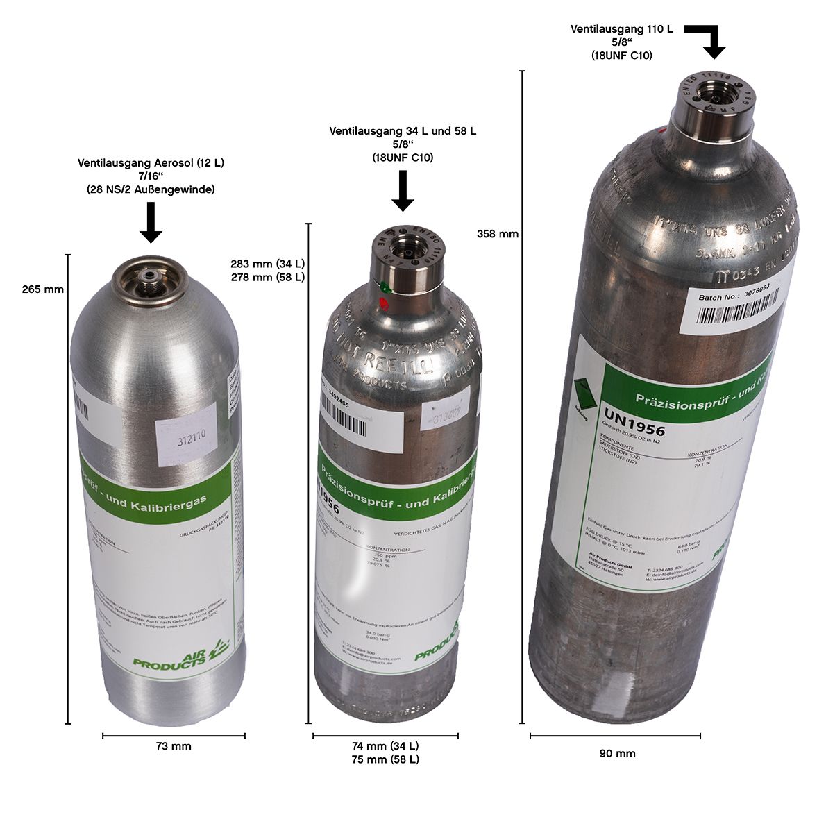 Air Products Prüf- und Kalibriergasflaschen - 5-Gas-Gemische - Aerosol (12 L), 34 L, 58 L oder 110 L Druckdosen mit langer Haltbarkeit (Bild 4)