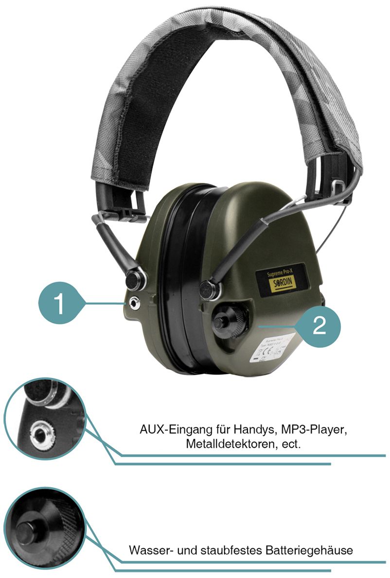 Sordin Supreme Pro-X (ACE) Aktiver Kapsel-Gehörschutz - EN 352 - mit Night-Camo-Stoffband, Gelkissen & grünen Kapseln