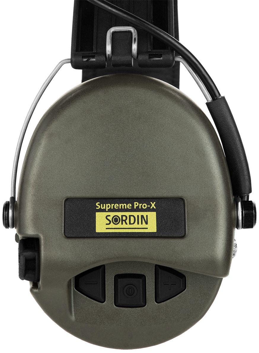 Sordin Supreme Pro-X (ACE) Aktiver Kapsel-Gehörschutz - EN 352 - mit Night-Camo-Stoffband, Gelkissen & grünen Kapseln