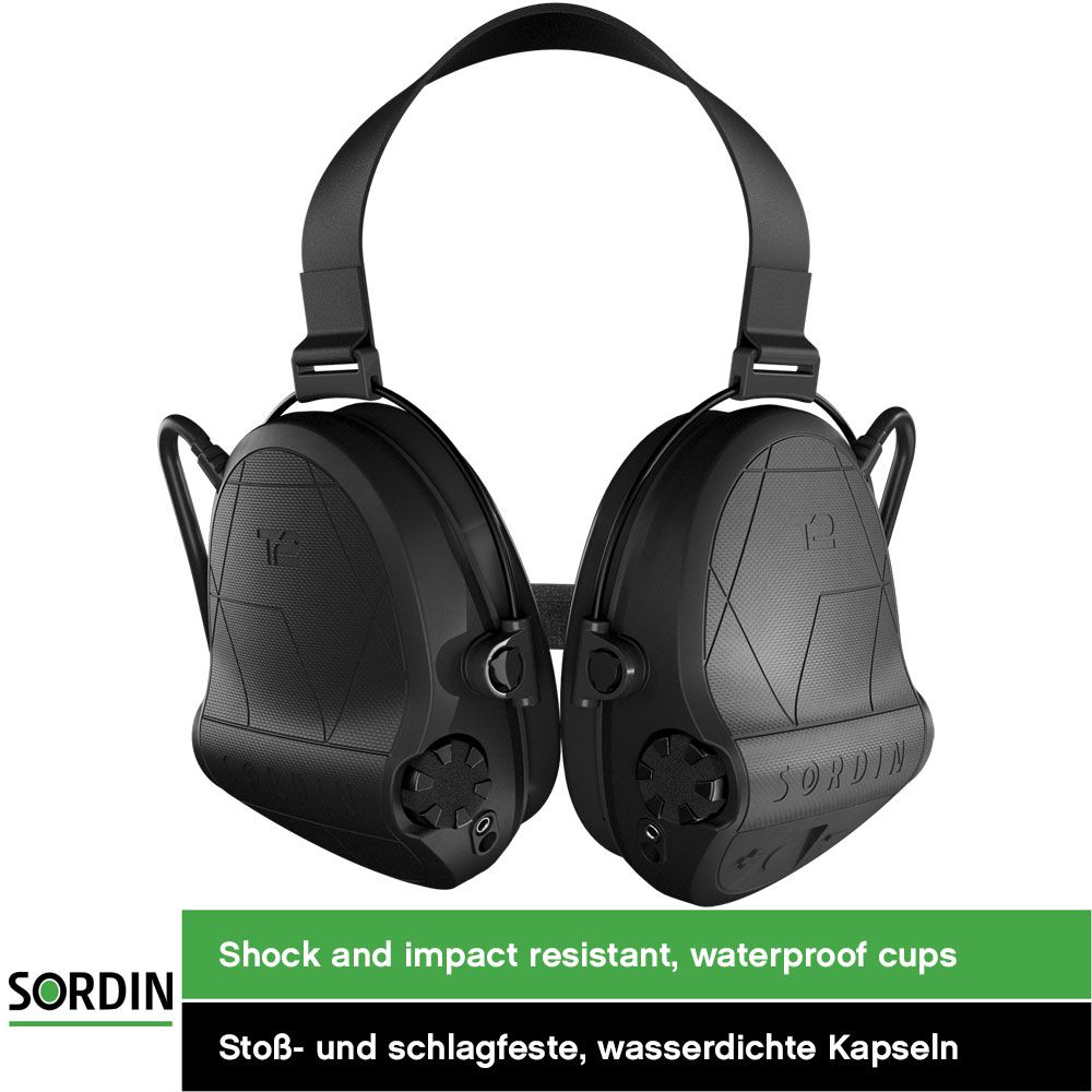Sordin Supreme T2 Kapsel-Gehörschutz - aktiv, taktisch & elektronisch - Helm-Gehörschützer mit Nackenband - Schwarz