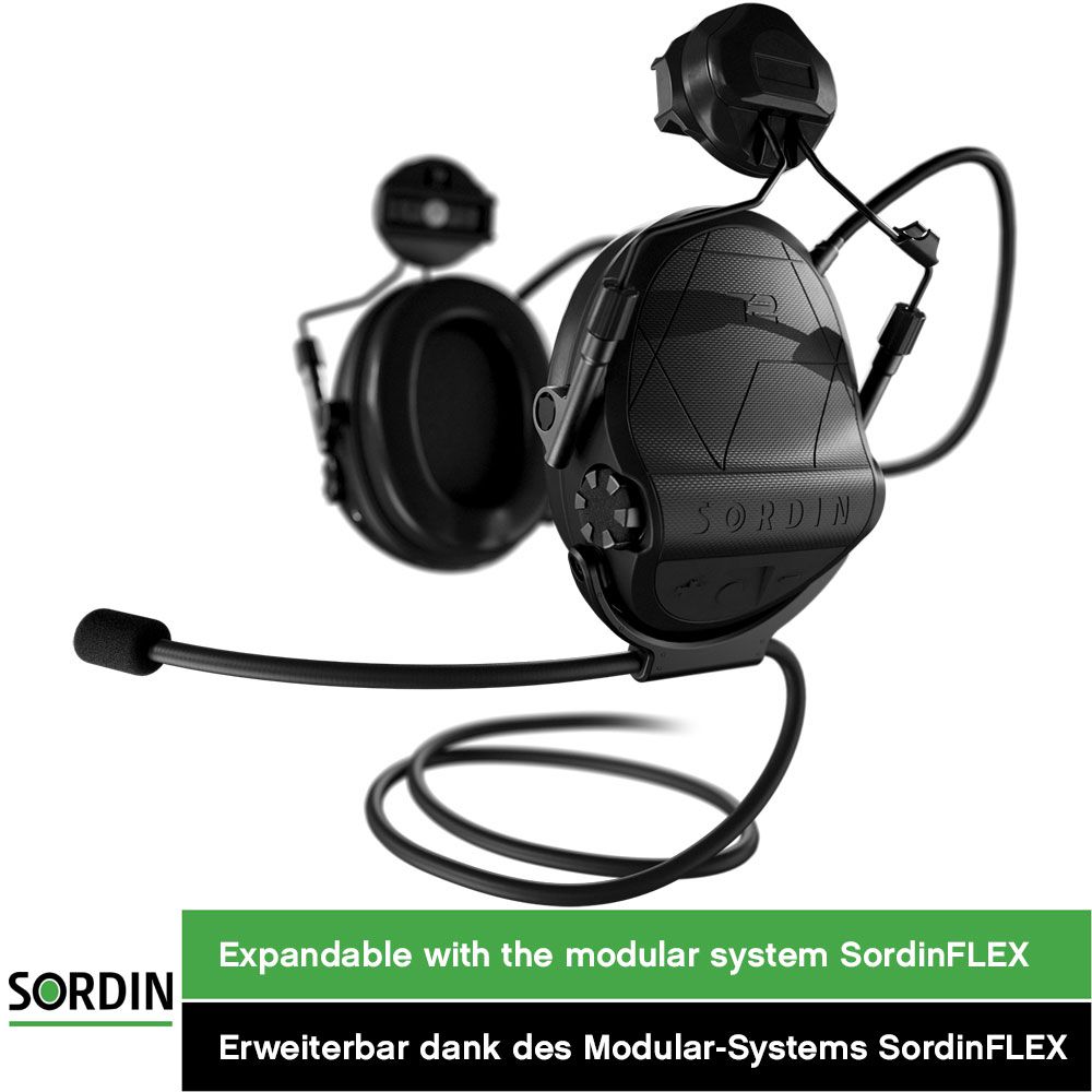 Sordin Supreme T2 Kapsel-Gehörschutz - aktiv, taktisch & elektronisch - Helm-Gehörschützer mit ARC-Adapter oben - Schwarz
