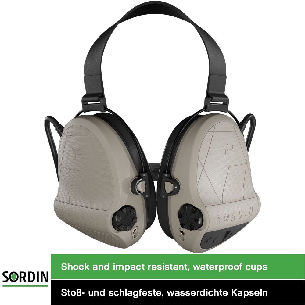 Sordin Supreme T2 Ear Muffs - Active, Tactical & Electronic - Helmet Ear Defenders with Neckband - Beige