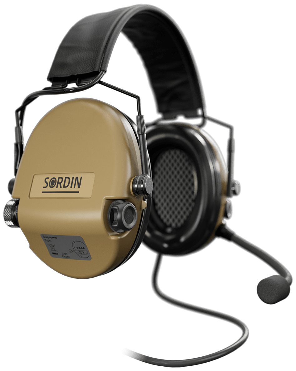 Sordin Supreme MIL CC Slim Gehörschutz - aktiver Militär-Gehörschützer - Nexus-Downlead, Leder-Band & beige Kapsel