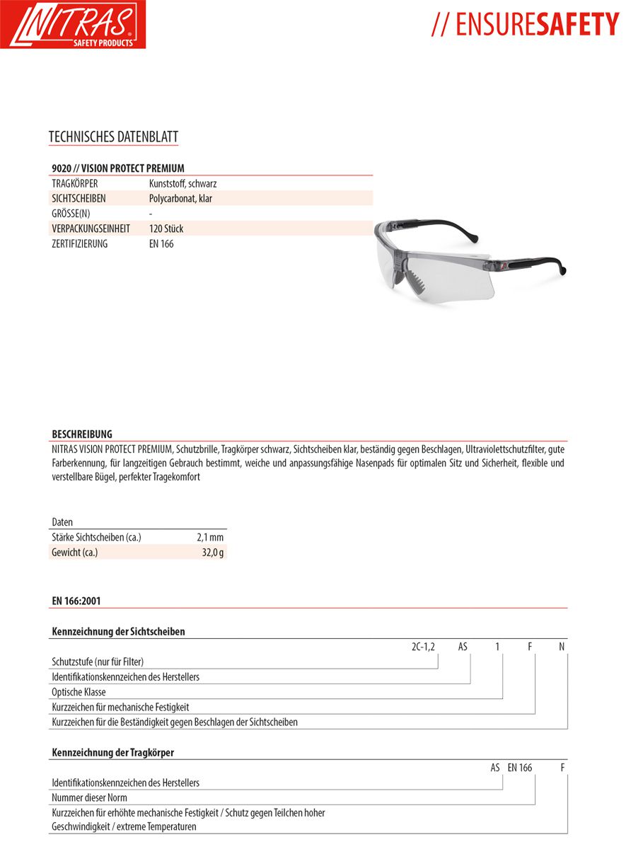 NITRAS VISION PROTECT PREMIUM 9020 Schutzbrille - für die Arbeit - beschlagfest beschichtet - EN 166 - Klar/Grau