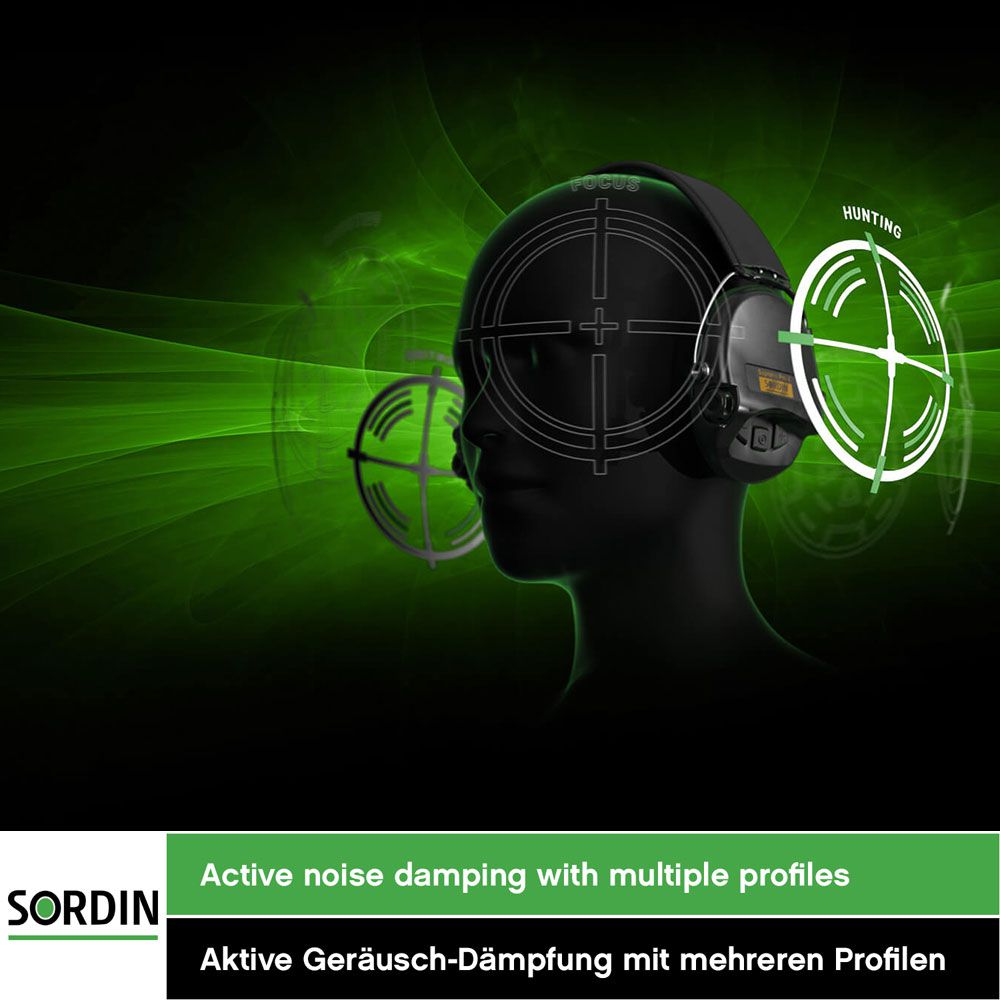 Sordin Supreme Pro-X hearing protection - active hunting hearing protector - EN 352 - gel cushion, fabric band & green capsule