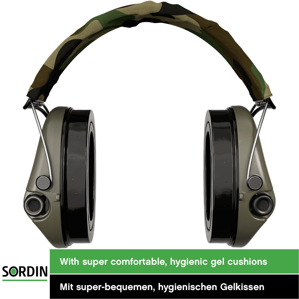 Sordin Supreme Pro-X Hearing Protection - Active Hunting Hearing Protector - EN 352 - Gel Cushion, Camo Band & Green Capsule