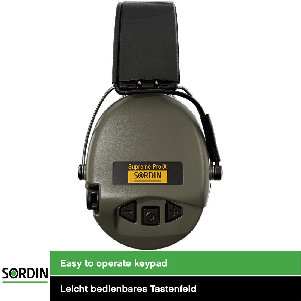 Sordin Supreme Pro-X LED Hearing Protection - Active Hunting Hearing Protector - EN 352 - Gel Cushion, Leather Strap & Green Capsule