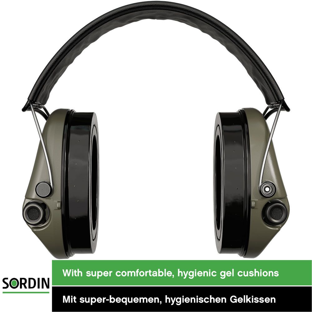 Sordin Supreme Pro-X LED Gehörschutz - aktiver Jagd-Gehörschützer - EN 352 - Gel-Kissen, Leder-Band & grüne Kapsel