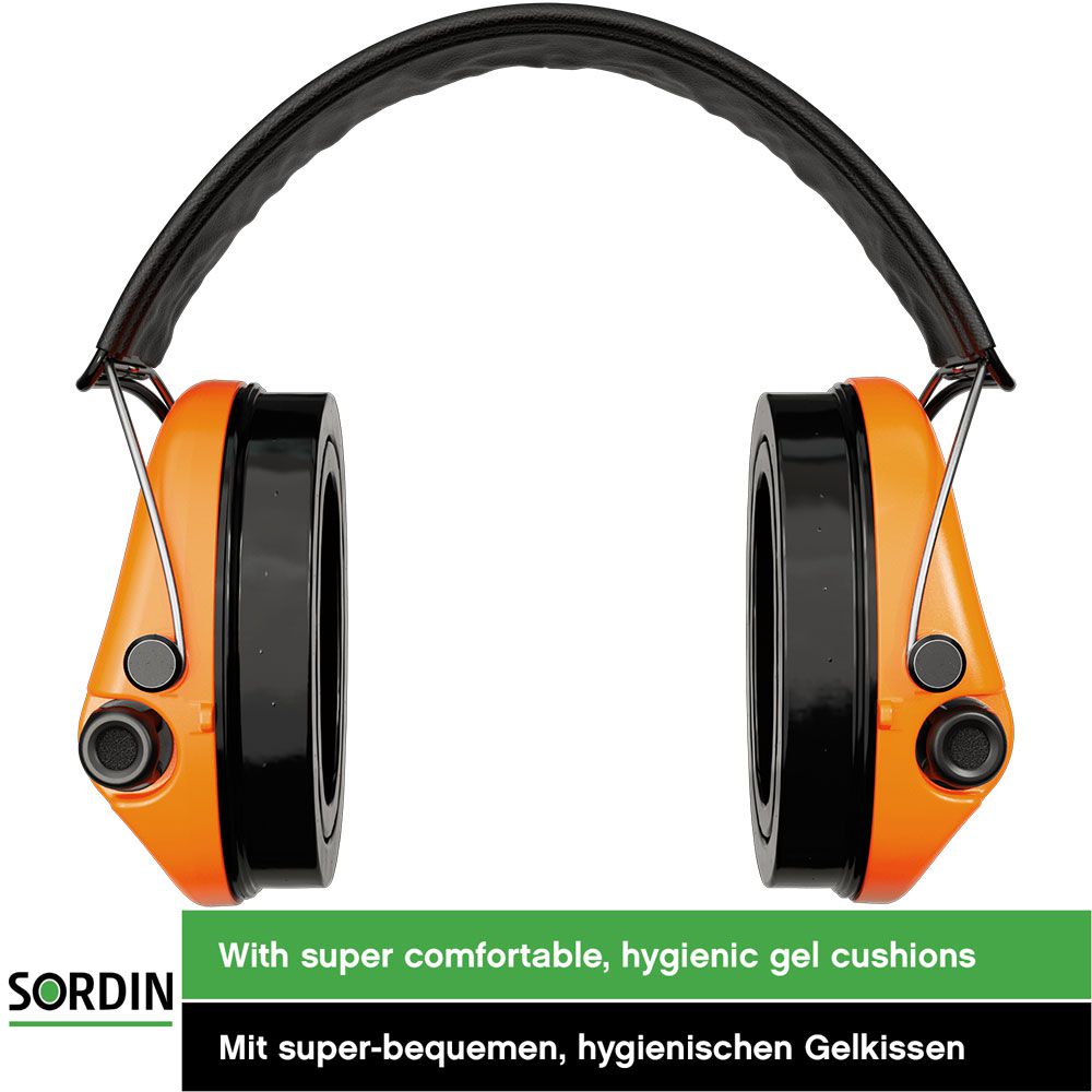 Sordin Supreme Pro-X Gehörschutz - aktiver Jagd-Gehörschützer - EN 352 - Gel-Kissen, Leder-Band & orange Kapsel