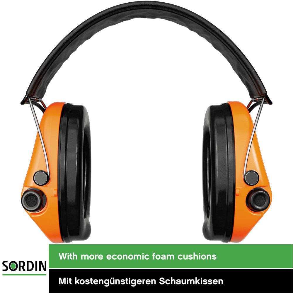 Sordin Supreme Pro-X Gehörschutz - aktiver Jagd-Gehörschützer - EN 352 - Schaum-Kissen, Leder-Band & orange Kapsel