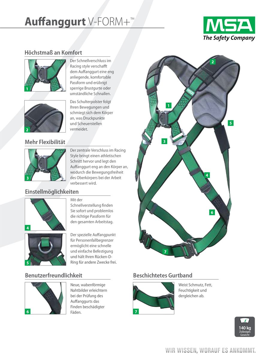 MSA V-Form Auffanggurt mit Bajonett Steckverschlüssen, Schulterpolster, max. 140 kg