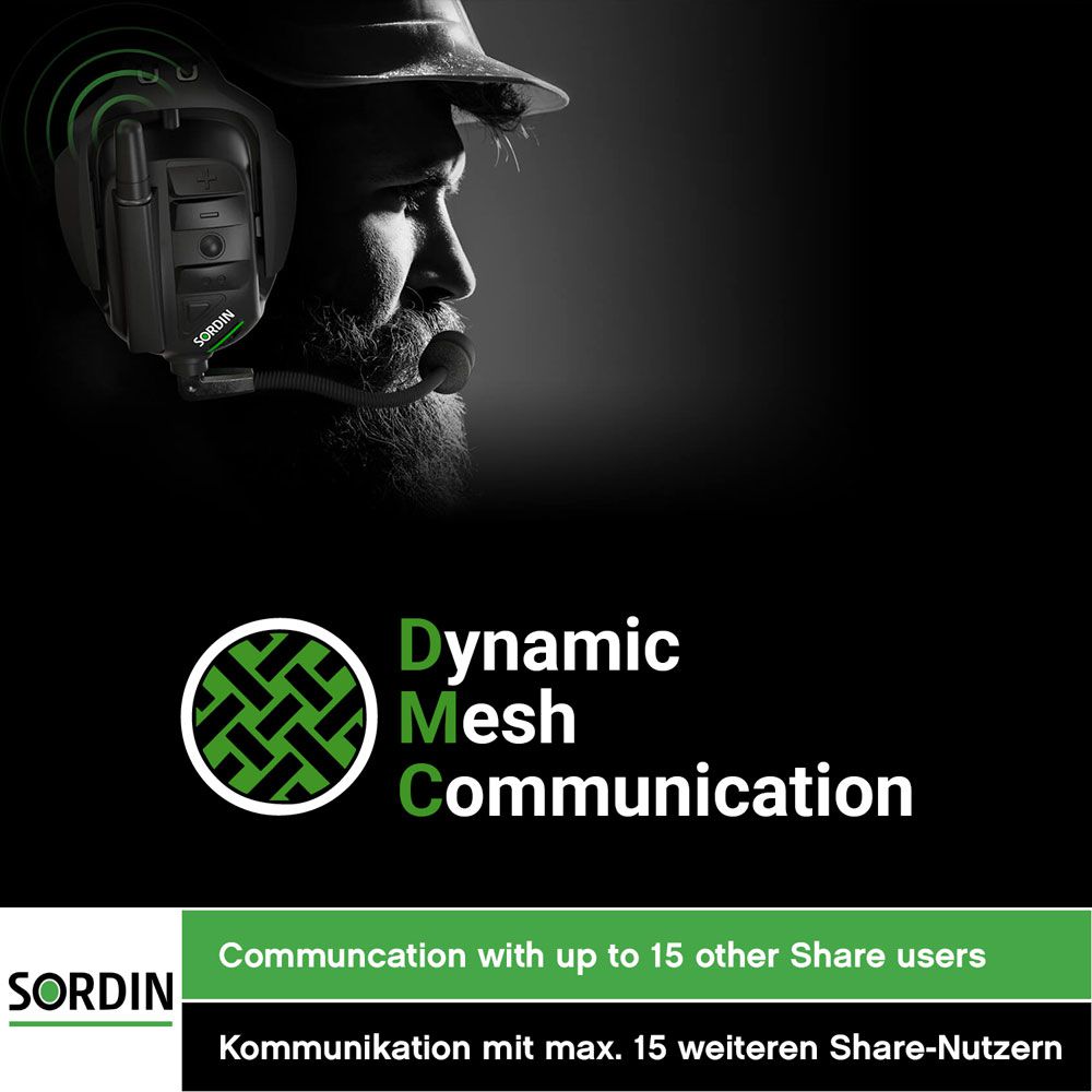 Sordin Share Gehörschutz - aktiver Gehörschützer mit Netzwerk-Kommunikation - EN 352 - mit Sprach-Assistent & FM-Radio
