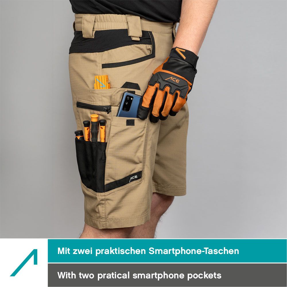 ACE Constructor Herren-Arbeitshose kurz - Männer-Arbeitshosen mit Cargo-Taschen & Stretch-Bund für den Sommer - Beige - 52
