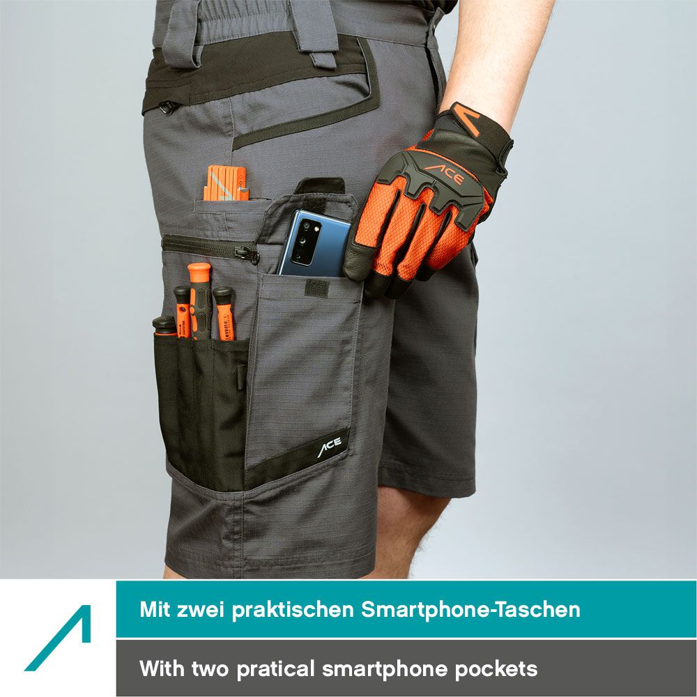 ACE Constructor Herren-Arbeitshose kurz - Männer-Arbeitshosen mit Cargo-Taschen & Stretch-Bund für den Sommer - Grau - 48