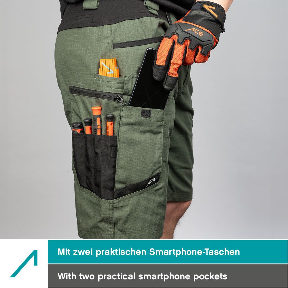 ACE Constructor Herren-Arbeitshose kurz - Männer-Arbeitshosen mit Cargo-Taschen & Stretch-Bund für den Sommer - Oliv - 58