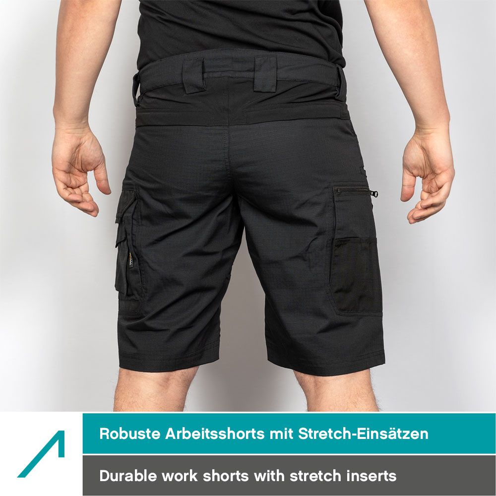ACE Constructor Men's Work Trousers Short - Work Pants with Cargo Pockets & Stretch Waistband for Summer - Black - 52