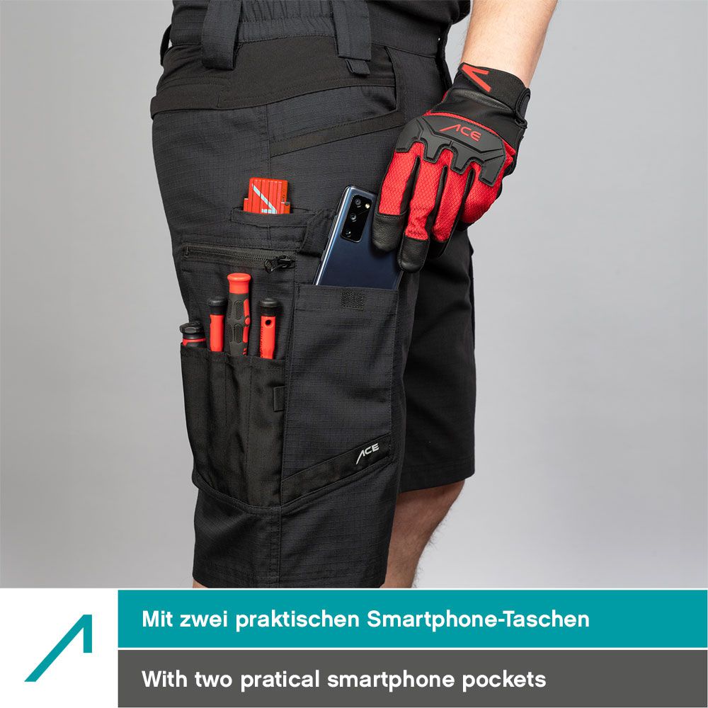 ACE Constructor Herren-Arbeitshose kurz - Männer-Arbeitshosen mit Cargo-Taschen & Stretch-Bund für den Sommer - Schwarz - 50