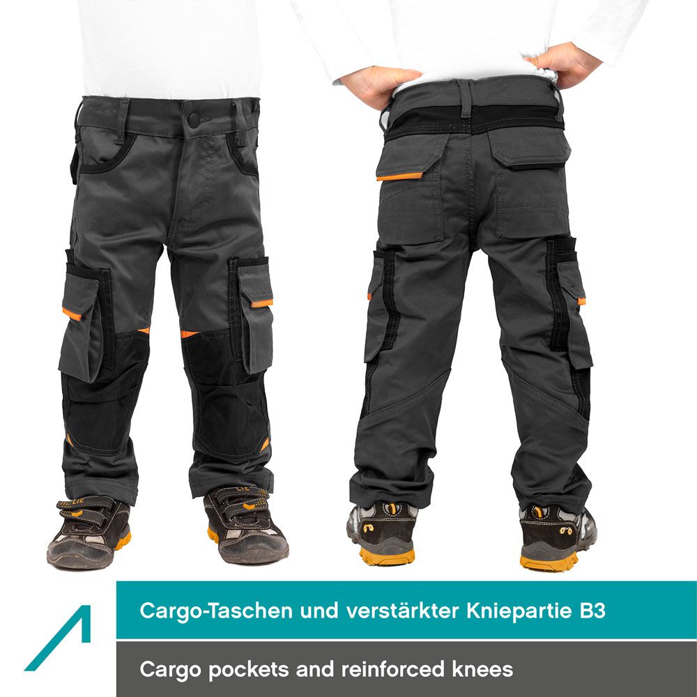 ACE Junior Kinder-Cargo-Hose - Arbeits-Hosen für Jungen & Mädchen - viele Taschen, Stretch-Bund & Gummi-Zug - 122/128