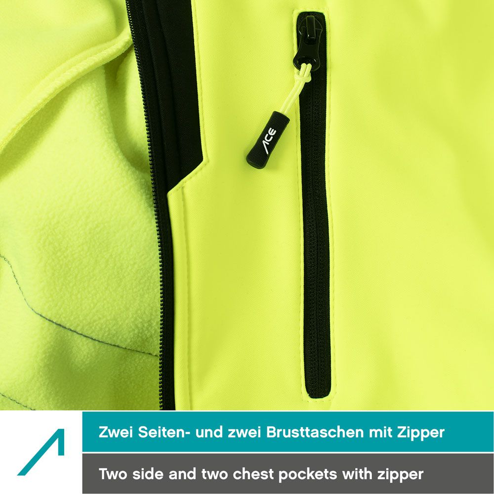 ACE Neon High Visibility Jacket - Hi Viz Softshell Jacket incl. Reflectors  and Detachable Hood - EN ISO 20471 - Yellow - M