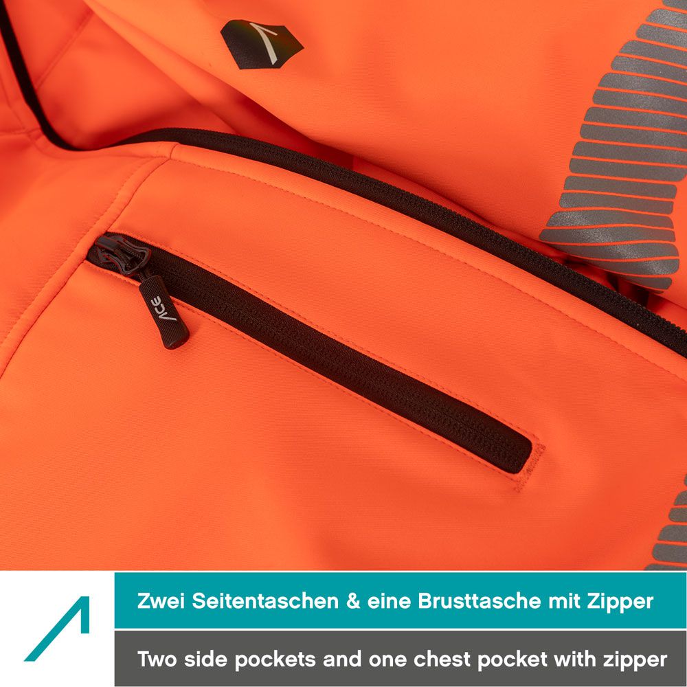 ACE Neon Lite Warnschutz-Jacke - Softshell-Warnjacke inkl. Reflektoren und abnehmbarer Kapuze - EN ISO 20471 - Orange - XL