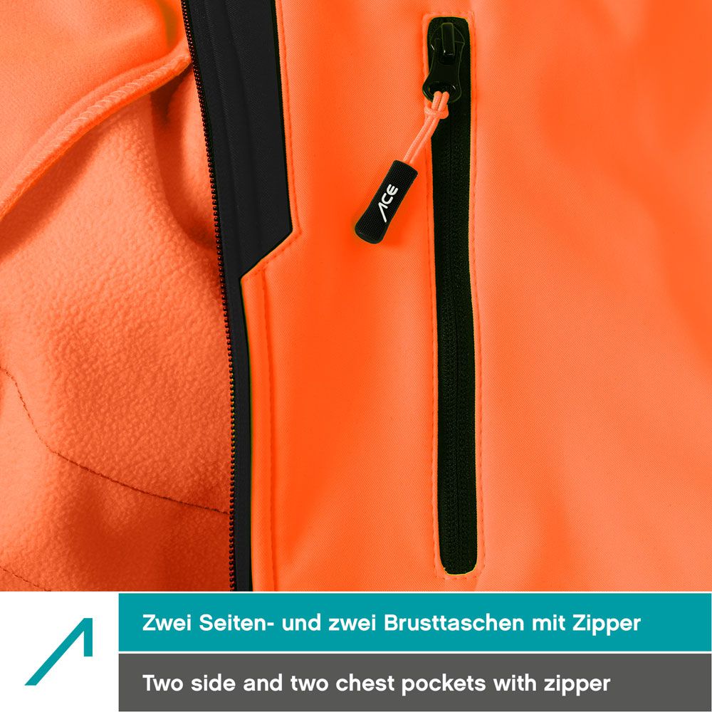 ACE Neon Warnschutz-Jacke - starke Softshell-Warnjacke inkl. Reflektoren und abnehmbarer Kapuze - EN ISO 20471 - Orange - 4XL