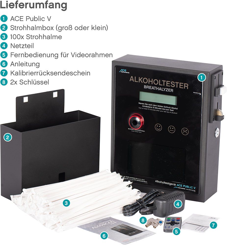 Stationary breathalyser ACE Public V (with video frame, incl. 100 straws, straw box, RM5 coin tester, mains plug)