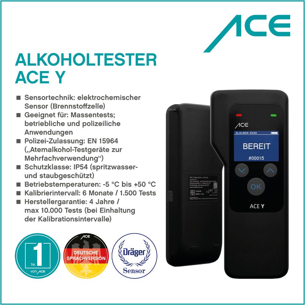 ACE Y - der offizielle Nachfolger des Dräger Alcotest 3000 - Alkoholtester  - Alkohol- & Drogenmesstechnik - ACE Technik.com -  -  Arbeitsschutz u.v.m. im Onlinehshop
