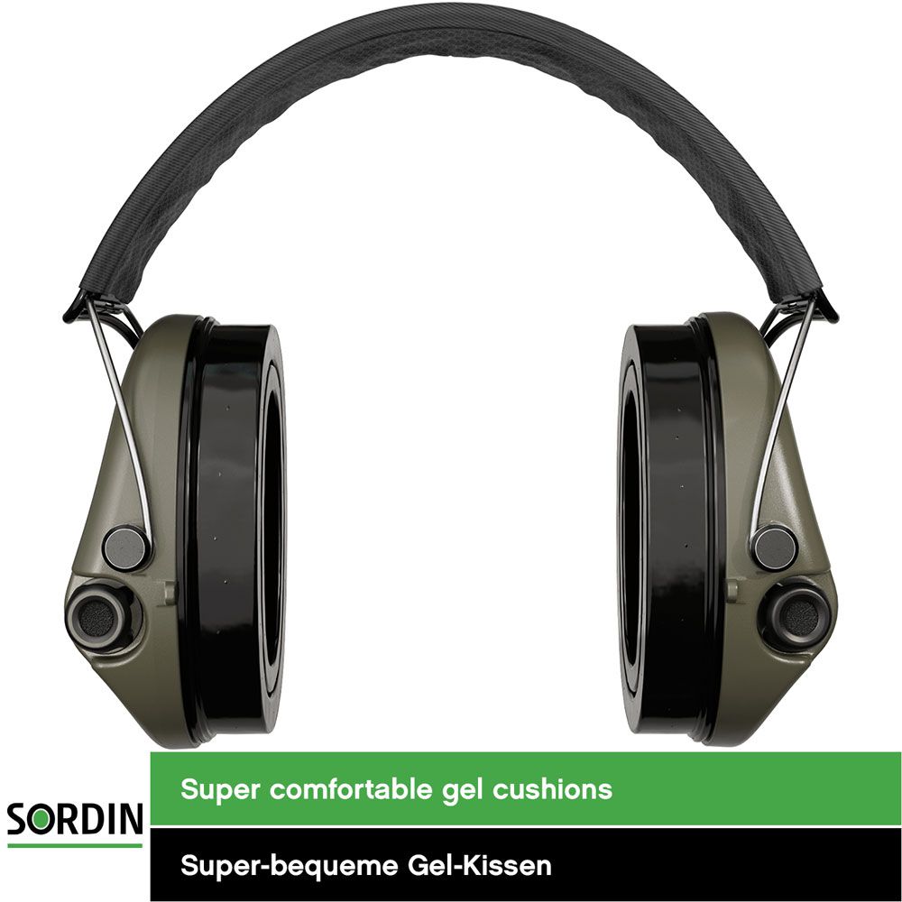 Sordin Supreme Pro-X hearing protection - active capsule hearing protector - grey headband with PL flag - green capsules