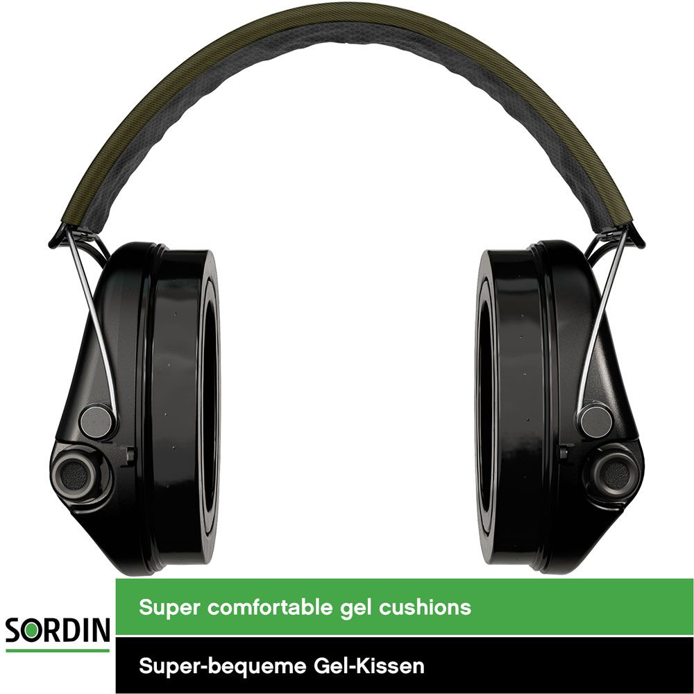 Sordin Supreme Pro-X hearing protection - active capsule hearing protector - green headband with PL flag - black capsules