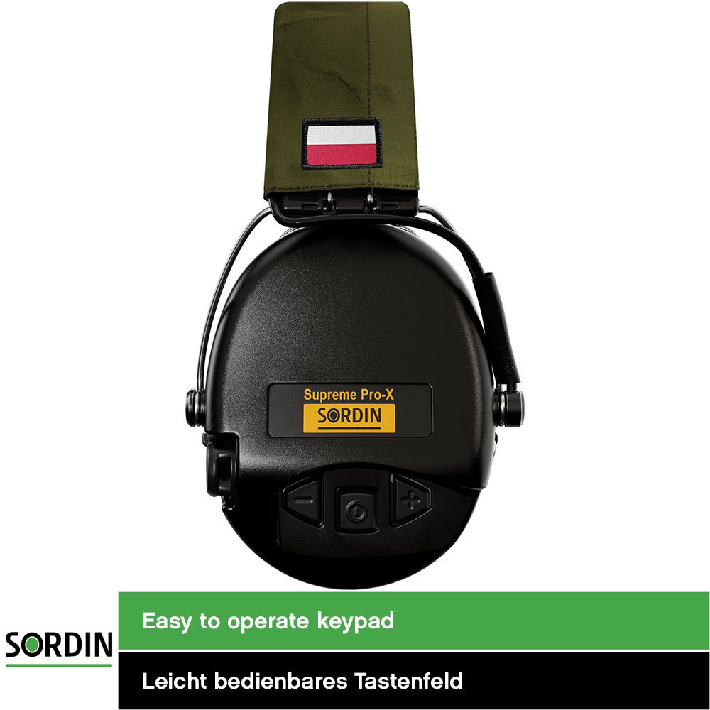 Sordin Supreme Pro-X Gehörschutz - aktiver Kapsel-Gehörschützer - grünes Kopfband mit PL-Flagge - schwarze Kapseln
