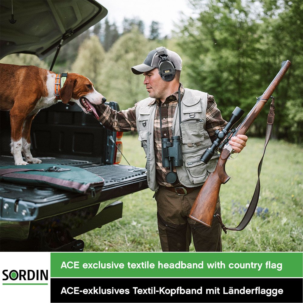 Sordin Supreme Pro-X Hearing Protection - Active Hunting Hearing Protector - EN 352 - Gel Cushion, US Strap (Black) & Green Capsule