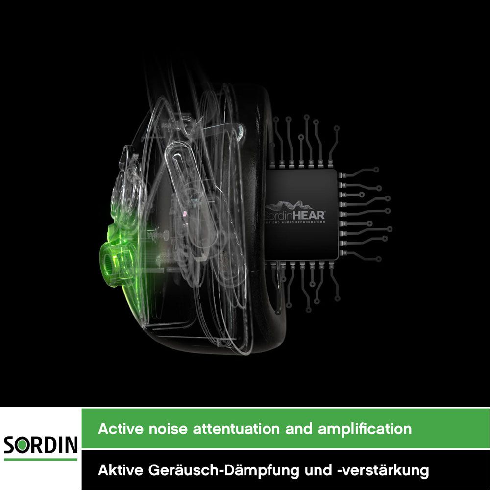 Sordin Supreme Pro-X Hearing Protection - Active Hunting Hearing Protector - EN 352 - Gel Cushion, US Strap (Black) & Green Capsule