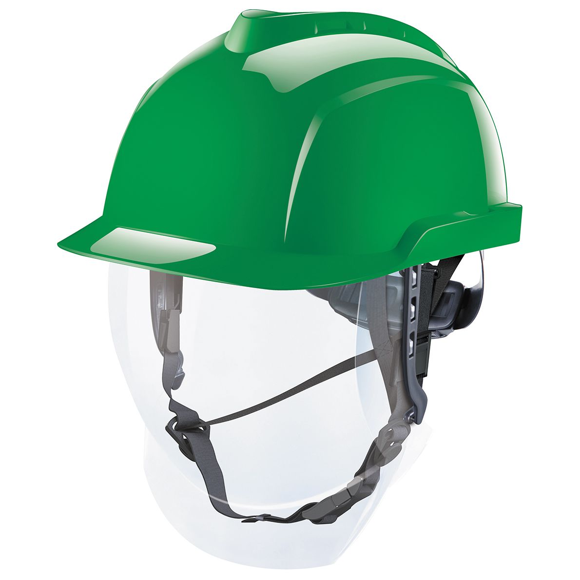 MSA V-Gard 950 unbelüfteter Industriehelm mit integriertem Visier, Farbe: grün