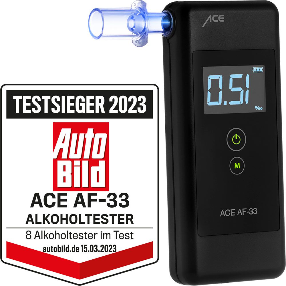 ACE AF-33 Alkotester - the #1 breathalyser according to AUTO BILD  (comparison 2022/23) - police-grade accuracy alcohol tester - Popular with  customers - ACE Technik.com -  - Arbeitsschutz u.v.m. im  Onlinehshop