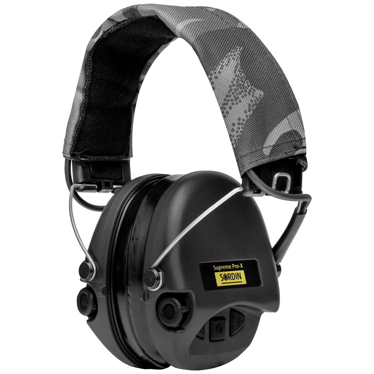 Sordin Supreme Pro-X (ACE) Active Capsule Hearing Protection - EN 352 - with Night Camo Fabric Strap, Gel Cushion & Black Capsules