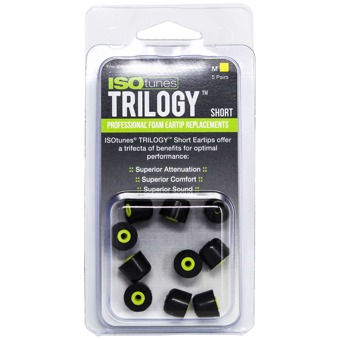 ISOtunes Trilogy Ear Tips - 5 pairs of replacement ear tips - for all ISOtunes headsets except original (IT-00) - Short/M