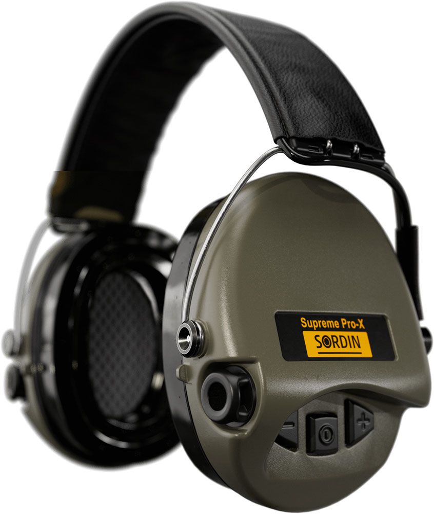 Sordin Supreme Pro-X LED Gehörschutz - aktiver Jagd-Gehörschützer - EN 352 - Gel-Kissen, Leder-Band & grüne Kapsel