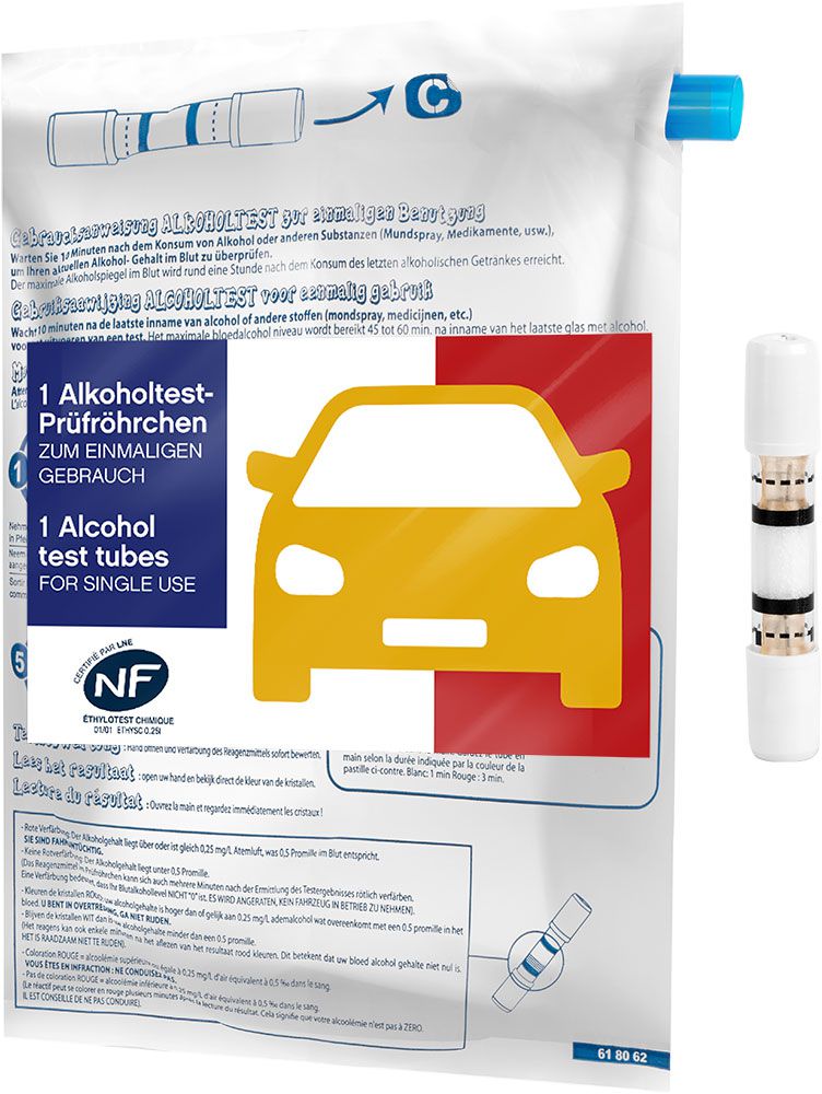 ACE Einmal-Alkoholtester mit NF-Zertifikat - Einweg-Promilletester für Frankreich - Alkotester-Prüfröhrchen mit Ballons