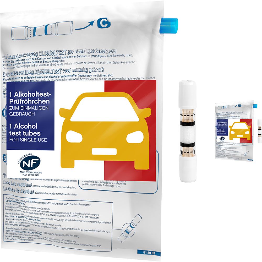 ACE Einmal-Alkoholtester mit NF-Zertifikat - 2x Einweg-Promilletester für Frankreich - 2 Alkotester-Prüfröhrchen mit Ballons