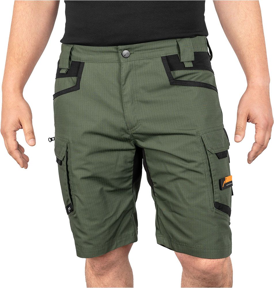 ACE Constructor Men's Work Trousers Short - Work Pants with Cargo Pockets & Stretch Waistband for Summer - Olive - 48