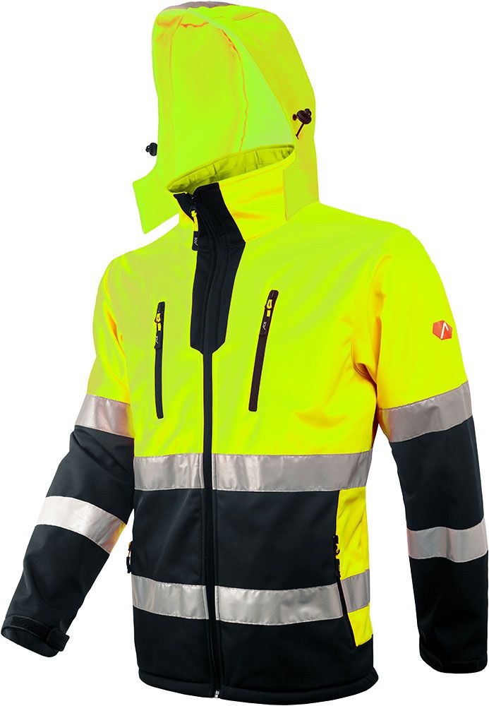ACE Neon Warnschutz-Jacke - starke Softshell-Warnjacke inkl. Reflektoren und abnehmbarer Kapuze - EN ISO 20471 - Gelb - L