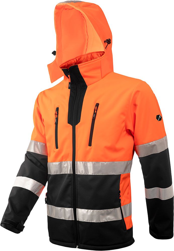 ACE Neon Warnschutz-Jacke - starke Softshell-Warnjacke inkl. Reflektoren und abnehmbarer Kapuze - EN ISO 20471 - Orange - XL