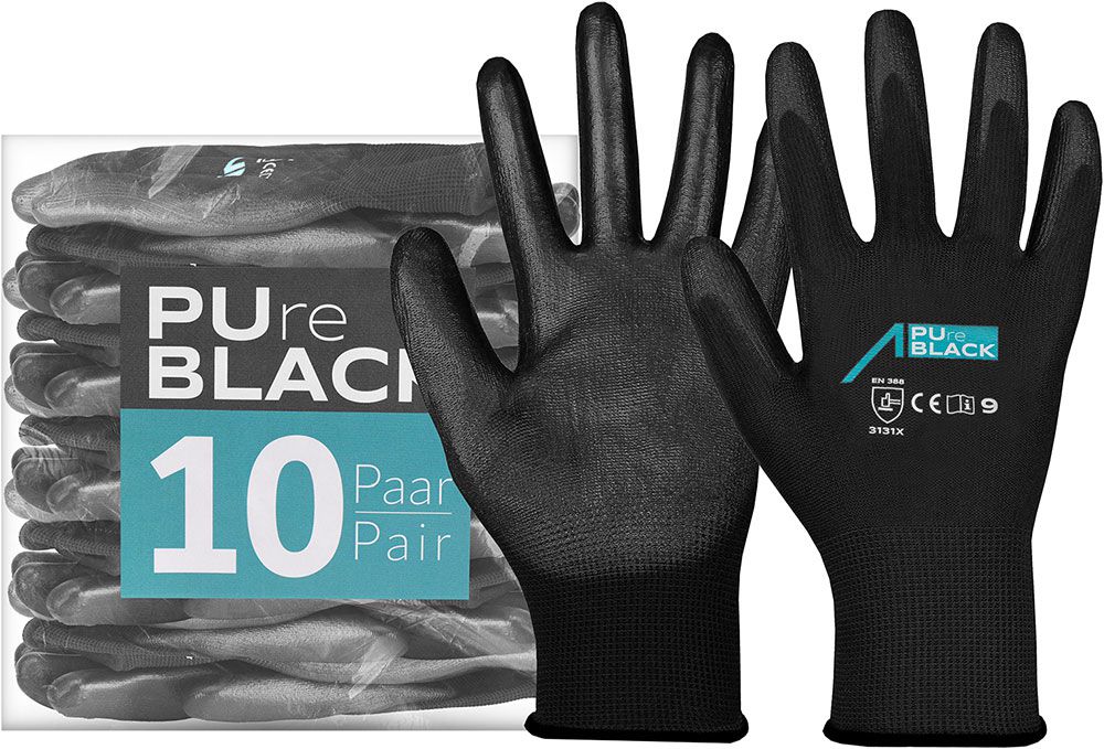 ACE PUre Black 10 pairs of protective gloves - All-round work gloves - with PU grip coating
