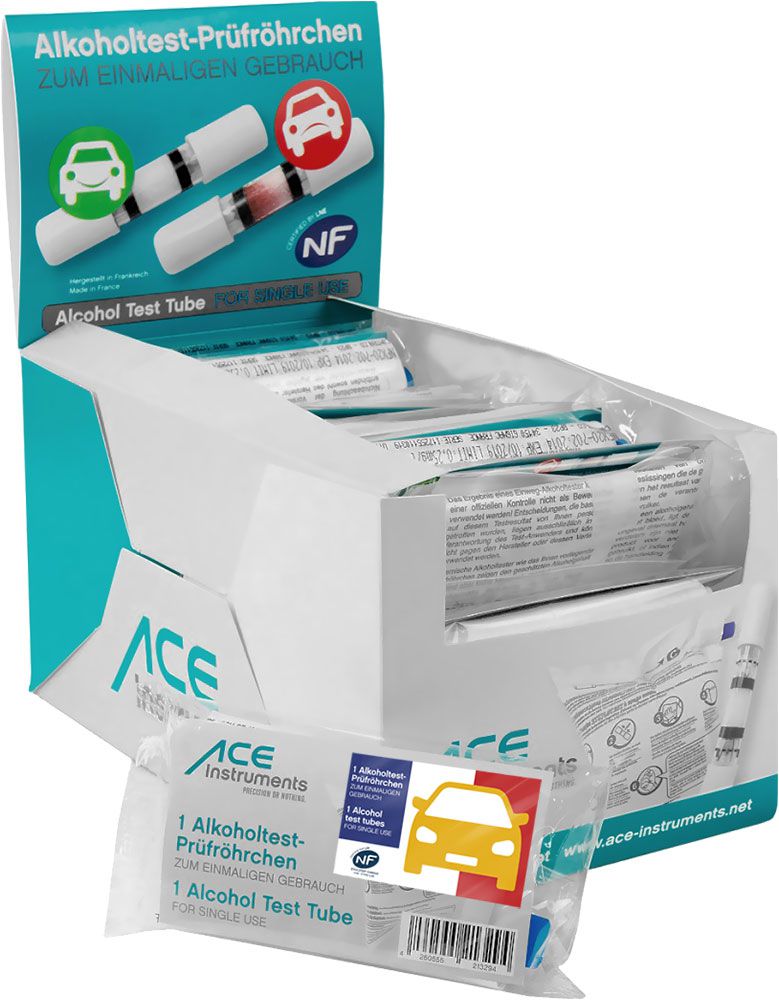 ACE Einmal-Alkoholtester mit NF-Zertifikat - 25x Einweg-Promilletester für Frankreich - 25 Prüfröhrchen im Retail-Display