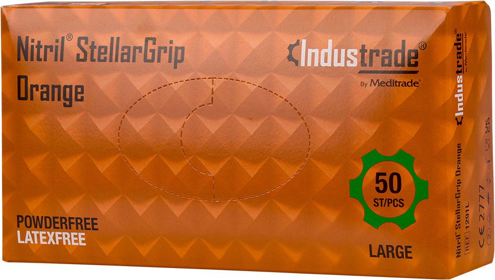 50 pcs Industrade Nitrile StellarGrip Disposable Gloves - Powder Free Single-Use Gloves without Latex - Orange - 09/L