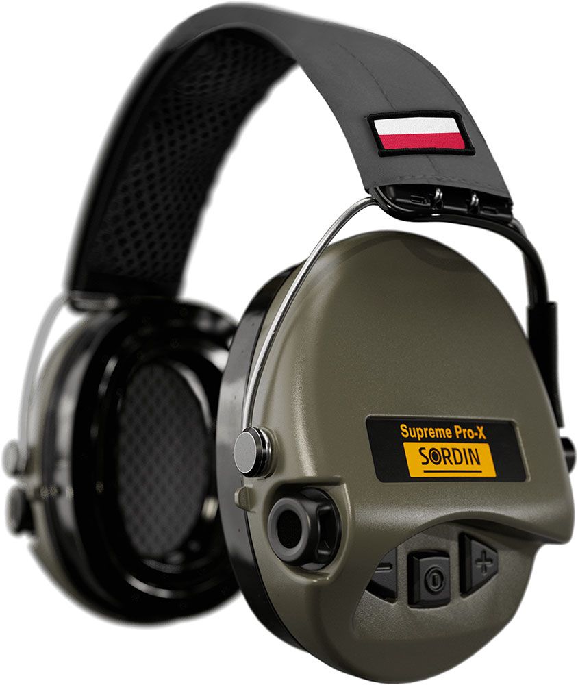 Sordin Supreme Pro-X Gehörschutz - aktiver Kapsel-Gehörschützer - graues Kopfband mit PL-Flagge - grüne Kapseln