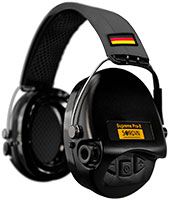 Sordin Supreme Pro-X Gehörschutz - aktiver Kapsel-Gehörschützer - graues Kopfband mit DE-Flagge - schwarze Kapseln